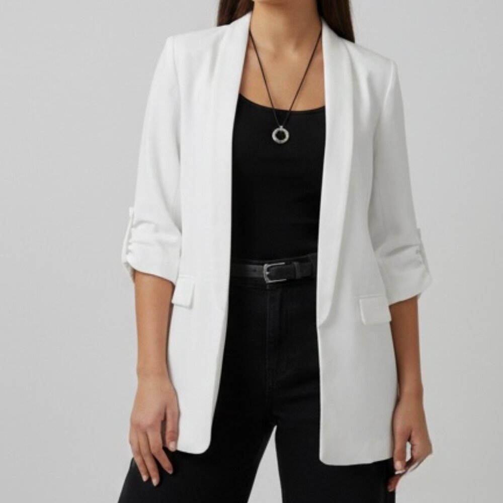 Shoulder-Pad Tall Ruched Sleeve Blazer
